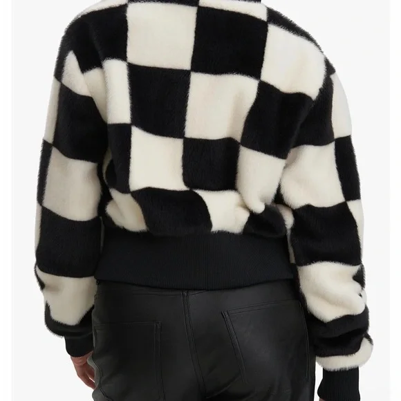 Noize Checkered Teddy Jacket Black White | Soft Faux Fur Cozy Statement Coat - Picture 5 of 8